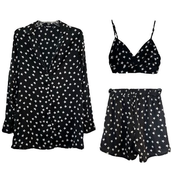 Nasty Gal 3-Pc Pajama Shorts Shirt Bralette Set Underneath The Stars NWOT Size 4 - Picture 9 of 9